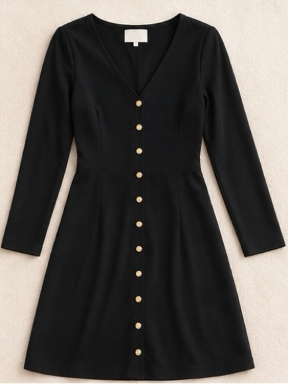 Black V-Neck Button-Front Long Sleeve Dress